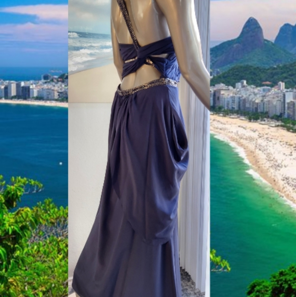 □$1,400 CARLOS MIELE BLUE CRYSTAL BEAD SILK RUNWAY GOWN M L - Picture 2 of 9